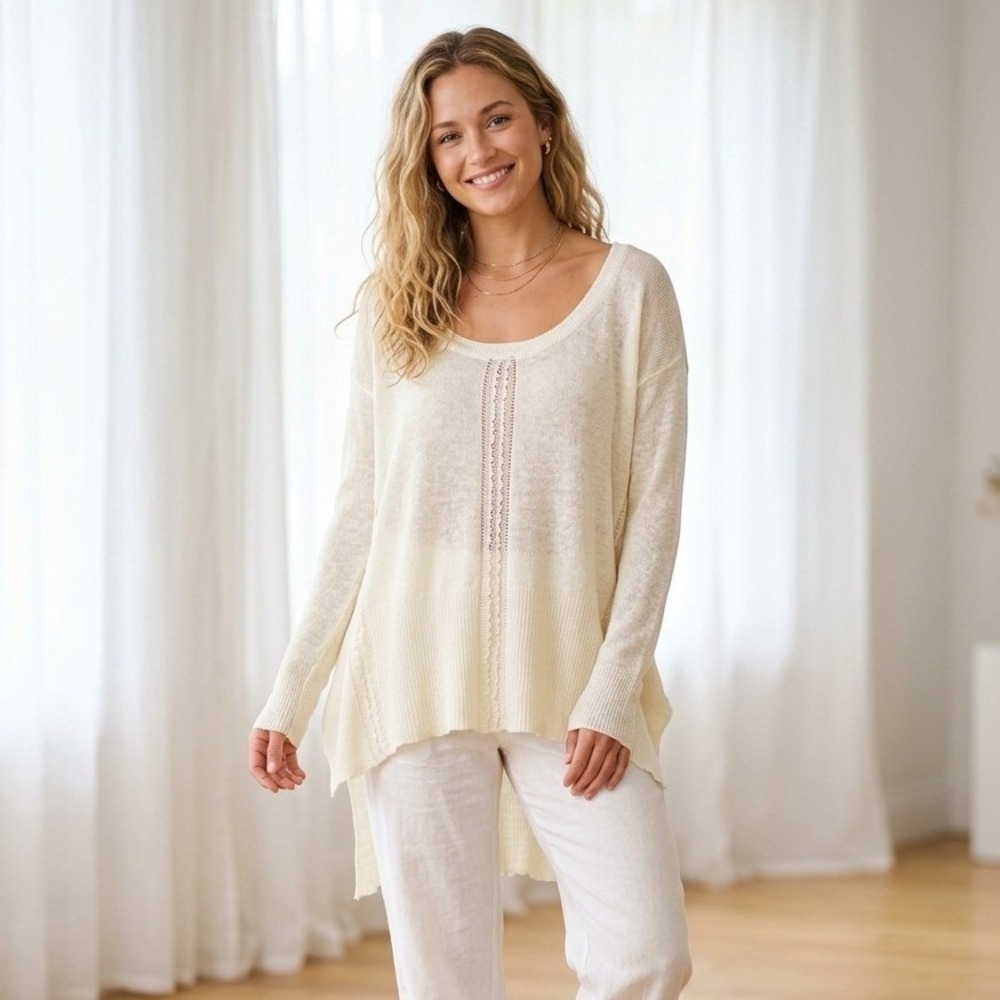 Free People Ivory Linen Blend High Low Scoop Neck Lace Trim Sweater XS Oversized